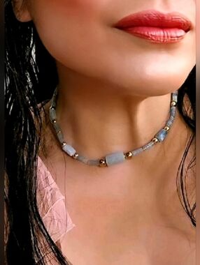 Natural Blue Aquamarine Necklace Or Choker In 18K Gold Plated Necklace